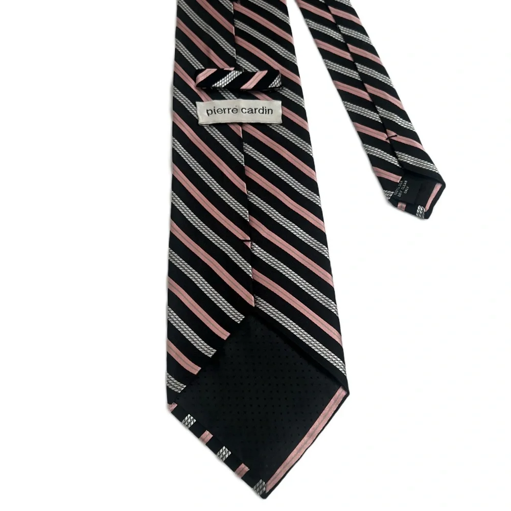 Pierre Cardin 100% Silk Handmade Designer Tie Black Peach Striped Luxury Necktie